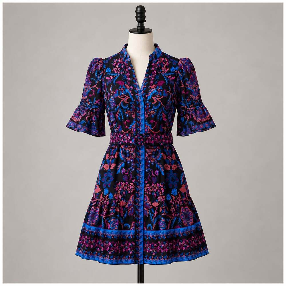 Adrianna Papell Floral Print Button Down Dress with Belt and Bell Sleeves 8